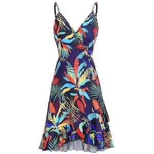 Ultranice (New) Tropical Wrap Top Dress w/Asymmetrical Ruffled Bottom (Size: M)